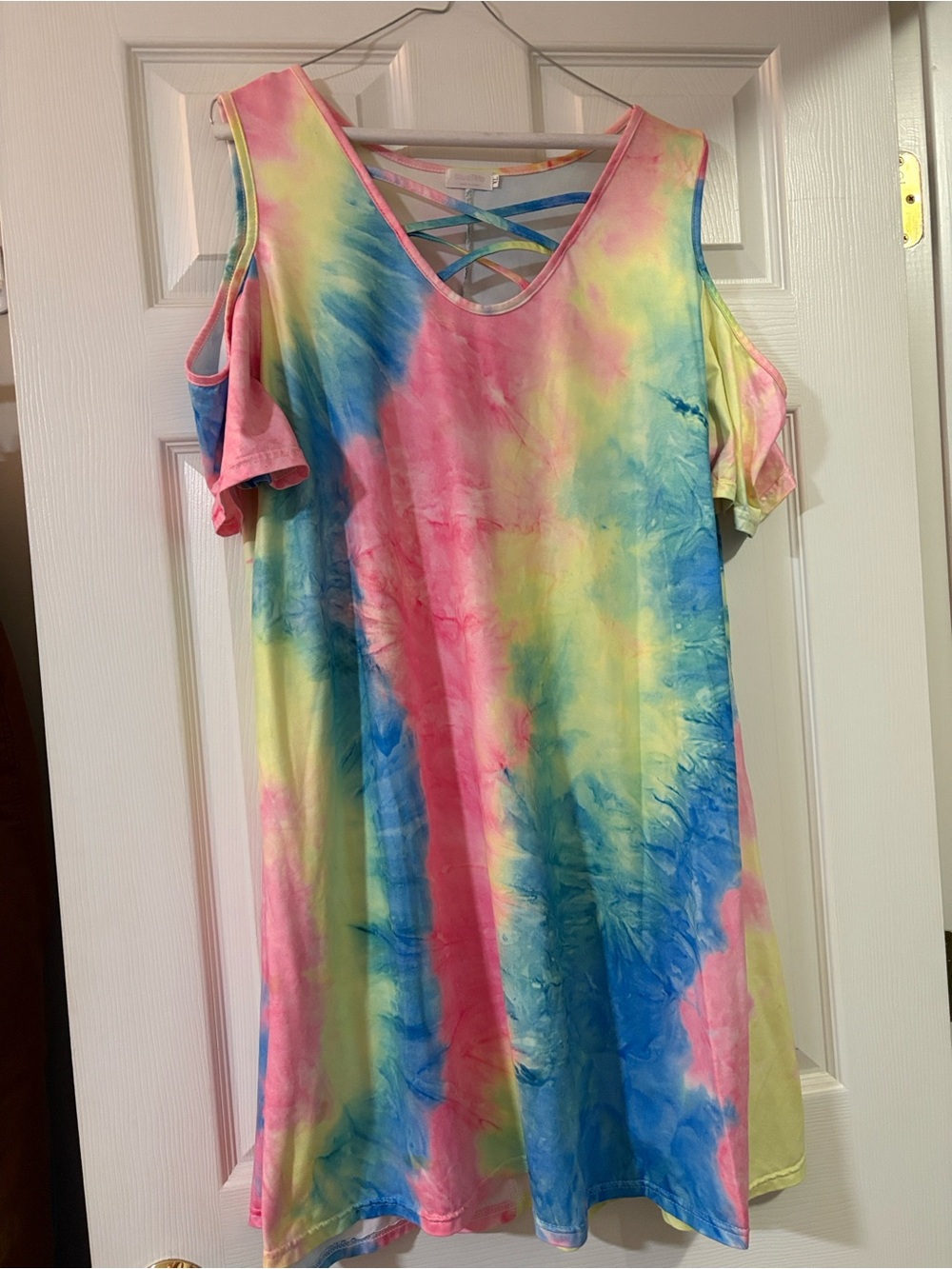 Bright Tie-Dye Cold-Shoulder Women's Dress- Pink, Blue & Yellow XL